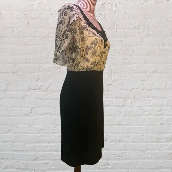 Anthropologie Whimsical Silk Dress Birds Flowers Retro Pencil Eva Franco Size 4 - Picture 6 of 10